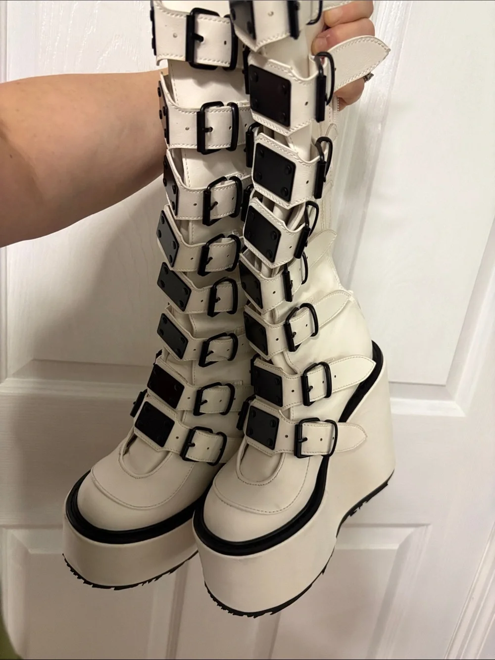 Demonia White Knee-High Platform Buckle Boots size 6 Goth